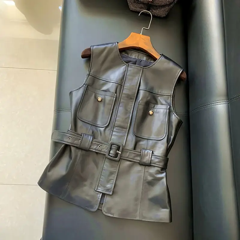 British Temperament Women Vest Coat PU Leather Black Jackets Moto Biker Sleeveless V-Neck with Pockets Vest Female Casual Korean