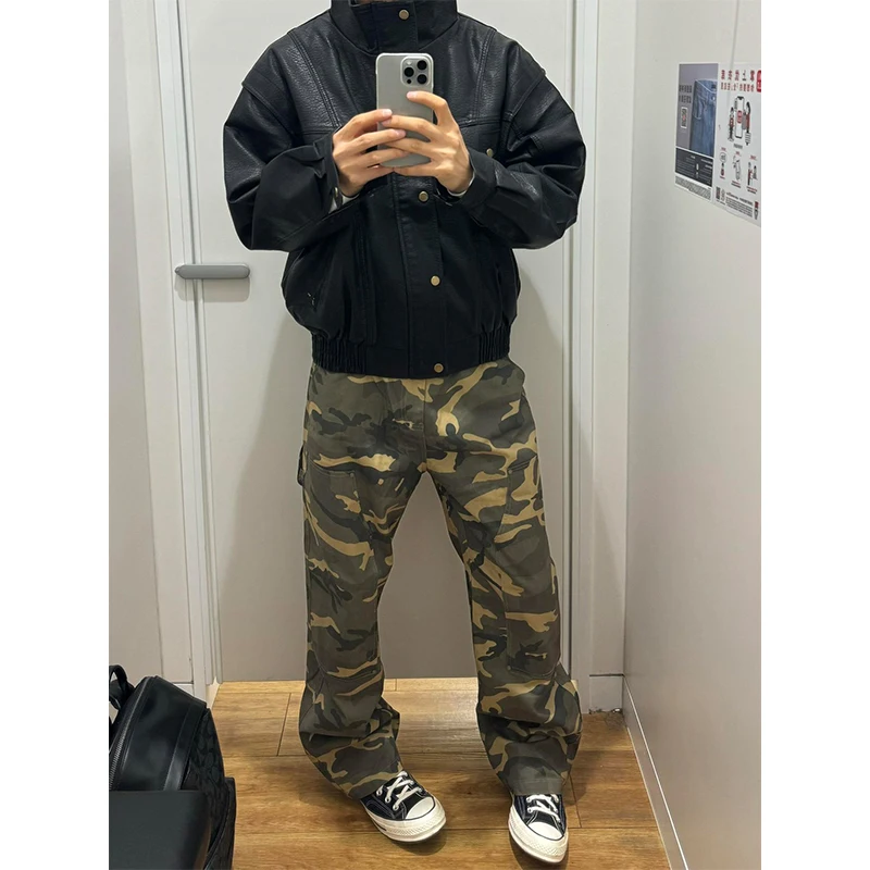 

American Sle Rivet Camouflage Pants Men's Spring Autumn Vintage Straight Loose Logging Straight Leg Pants Casual Workwear