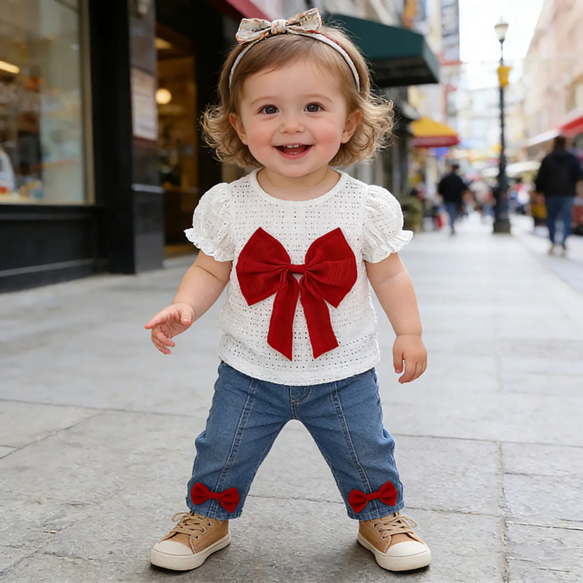 

Fashion Baby Girl Summer Short Sleeved Bubble Sleeve Butterfly Knot Texture Top Denim Pants Two Piece Set