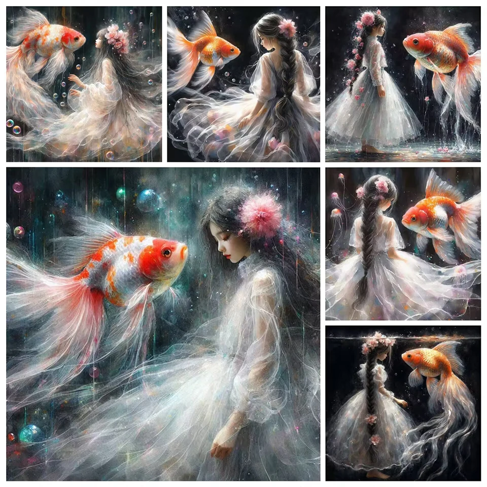 Girl And Goldfish Diamond Painting Kit Anime Diamond Embroidery Handmade Mosaic Cross Stitch Home Decor Gifts