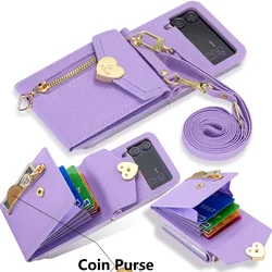 Zipper Coin Purse Crossbody Leather Bag Wallet Case for Samsung Z Flip 6FE 6 4 5 3 Neckstrap Shoulder Strap Card Holder Cover