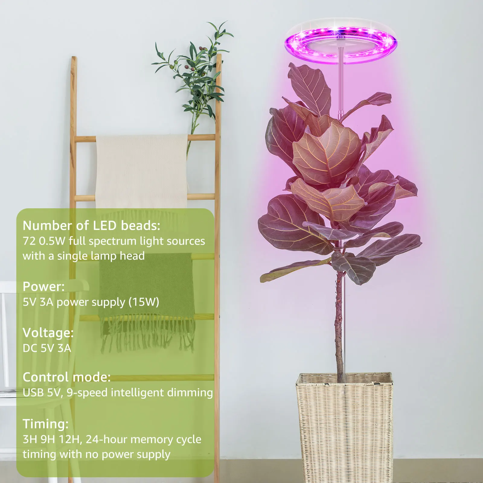 Grow Light 3 Light Colors Plant Grow Light 9-Level Dimmable Full Spectrum Plant Light with 3/9/12H Cycle Timer 72 LEDs Plant