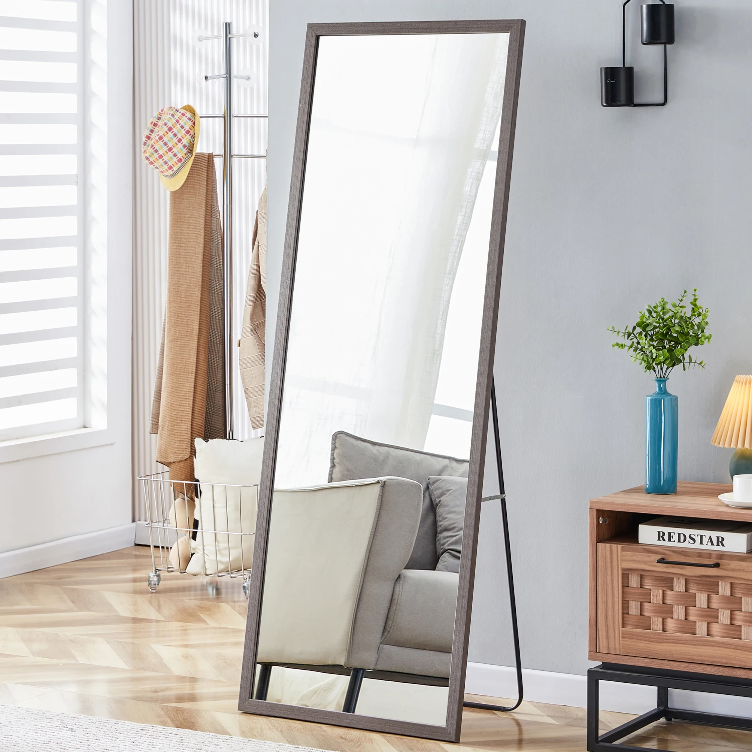 Third generation packaging upgrade, thickened frame, gray wood grain solid wood frame full-length mirror, dressing mirror, bedro