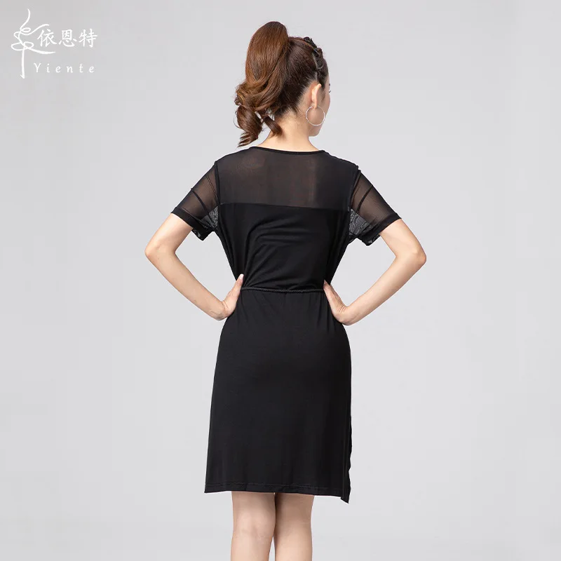 1 ピース/ロット女性ファッション黒ラテンドレスドレス女性の夏の半袖レースパッチワークダンスドレスとベルト