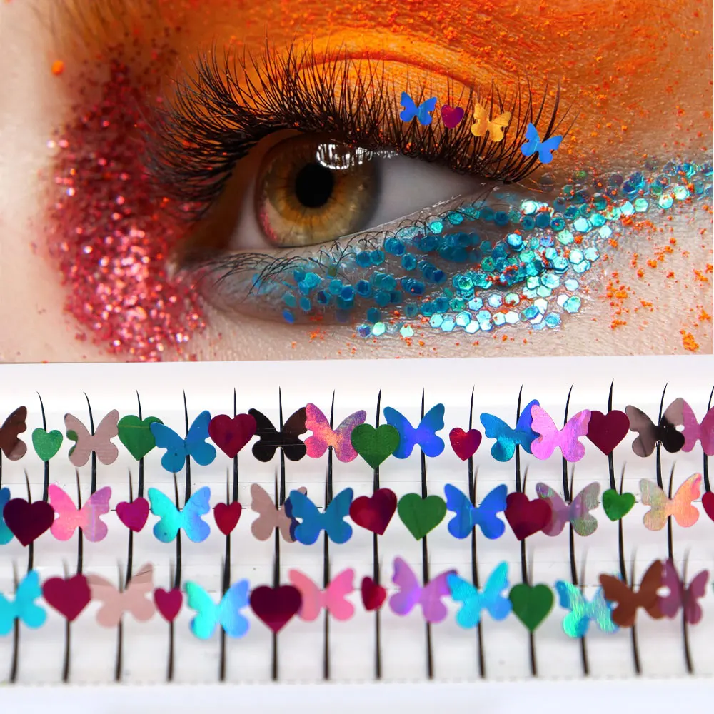 Neue Mischung Farbe Wimpern verlängerungen Schmetterling Herz Glitter Spikes Fee einzelne Wimpern Faux Cilios Schönheit Gesundheit Make-up-Tools