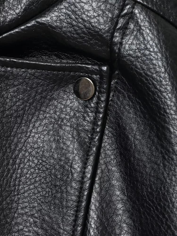 Chaqueta de cuero con doble cuello y cinturón de color sólido con temperamento versátil a la moda para mujer de estilo europeo