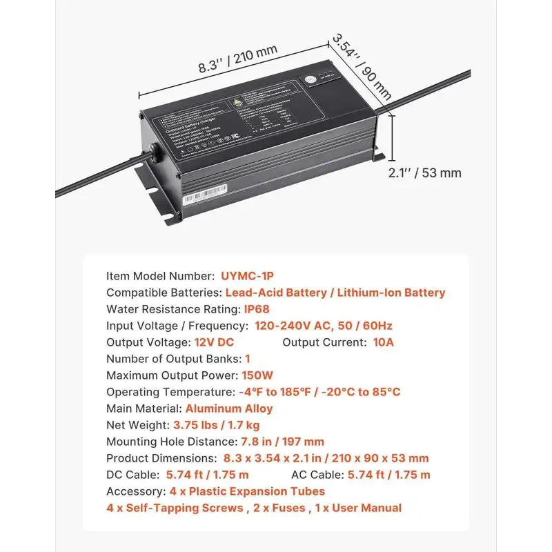 Marine Battery Maintainer 1-Bank 10A 12V Onboard Charging Unit For Large Boat Yacht RV Lithium-Ion LiFePO4 NCM Lead-Acid Compatibility Smart Pulse Tech Automatic Power Management Compact Design Aluminum Housing Multiple Battery Types Support AC 100-2 view 8