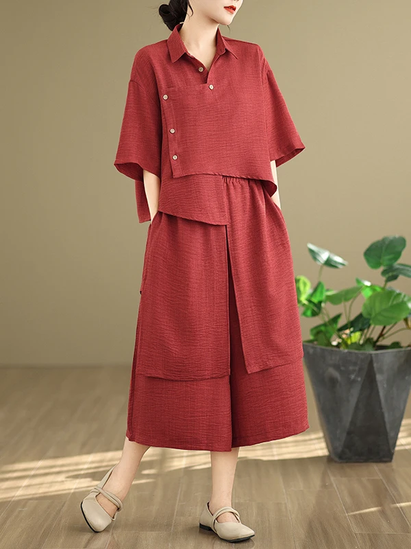 

Повседневные свободные художественные эластичные широкие брюки с неровной талией, комплект из двух предметов, летнее новое поступление, женский ансамбль Faion, хлопок Po...