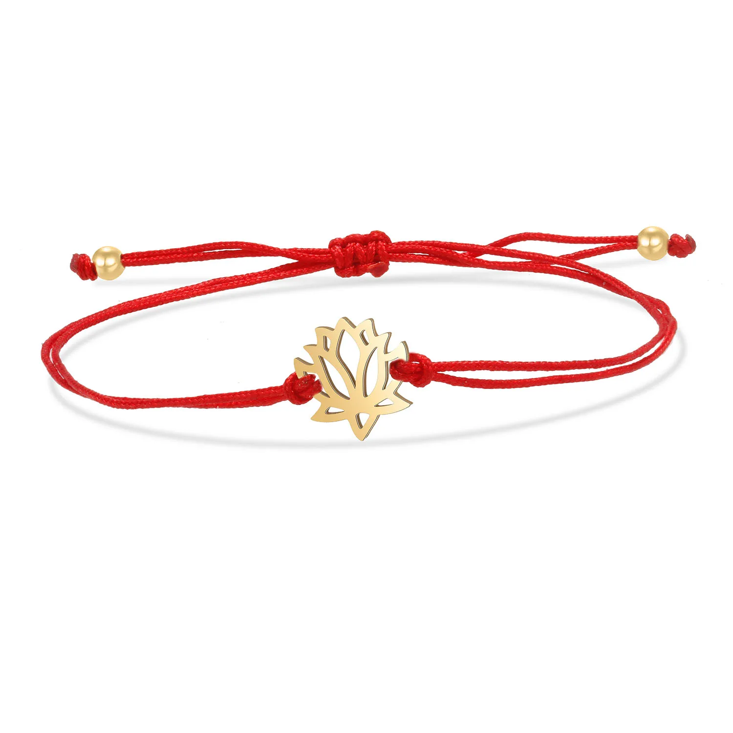 Gold-plated Stainless Steel Lotus Flower Charm Red String Handmade Bracelet Women Girl Cute Waterproof Cord Braided Jewelry Gift