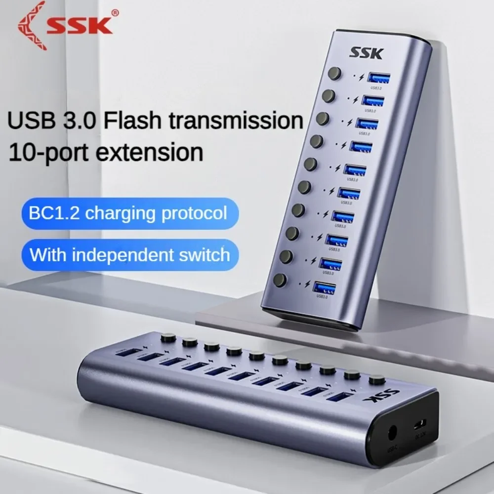 SSK USB C 허브 스플리터 소켓, 알루미늄 7, 10 포트 스플리터, 분할 스위치 도크, 온오프 키, 맥북 폰용 12V 전원  어댑터 - AliExpress