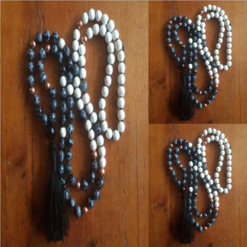 

8mm Natural 108 knot alabaster white Metal Beads tassels necklace Wood Opera length Relief Fashion Couples Spiritual Mala Yoga