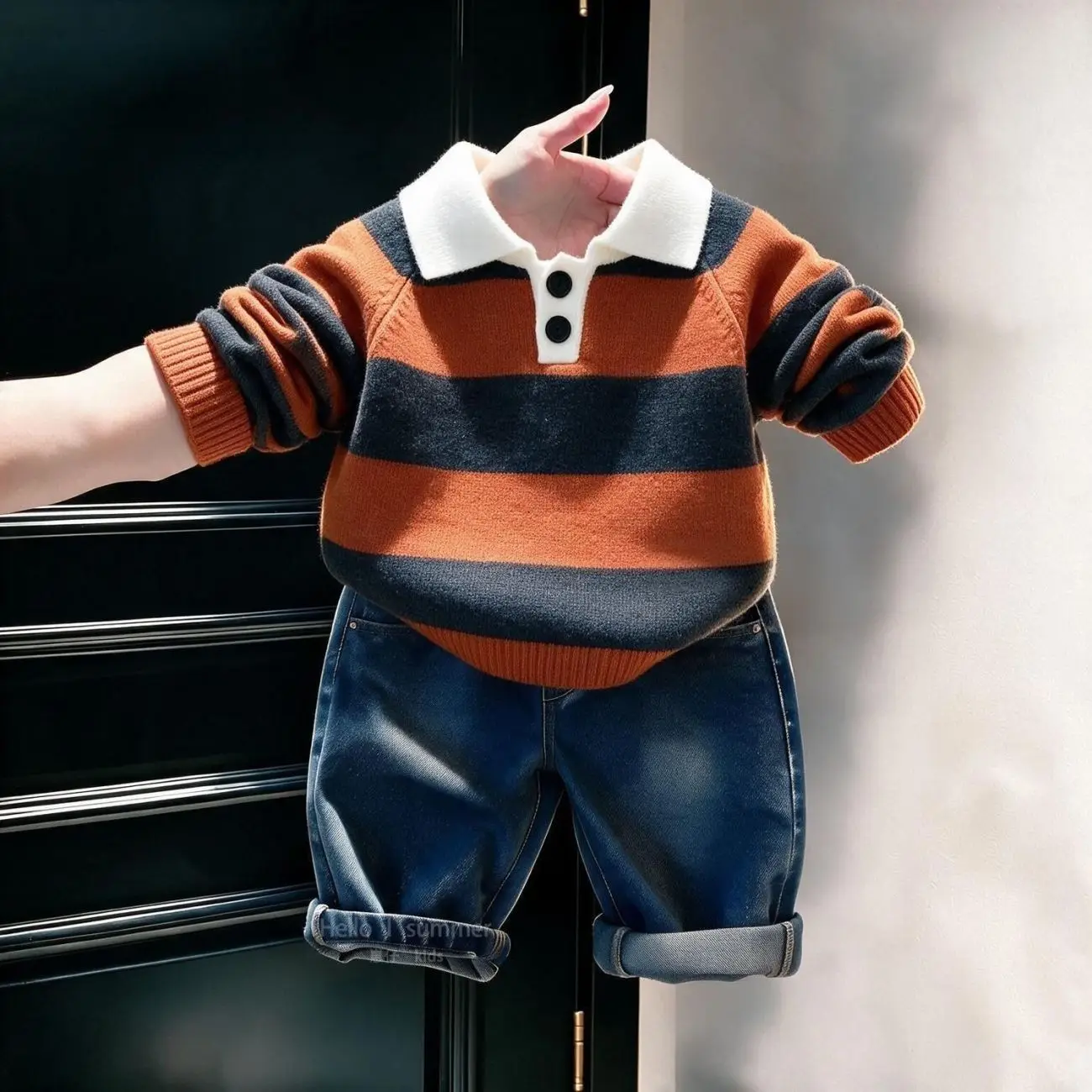 Boy Retro Striped Polo Neck Knitwear Autumn Winter New Style Boys' Turn-down Collar Knitted Base Shirt