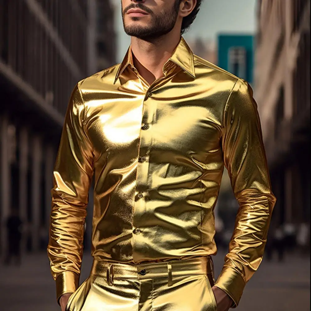 Camisa ajustada de satén para hombre, camisa de rendimiento con superficie brillante, cuello vuelto para Club, fiesta, espectáculo de escenario, mangas largas