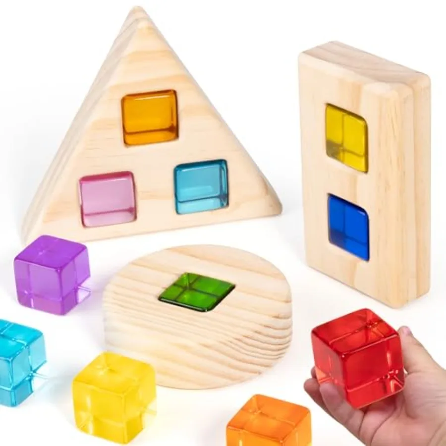 Rainbow Building Blocks Set for Toddlers, Gem Cubes Stacking, 3 Wooden Shape, Montori Stacking Toy for 1 2 3 4 Year Old, Educat