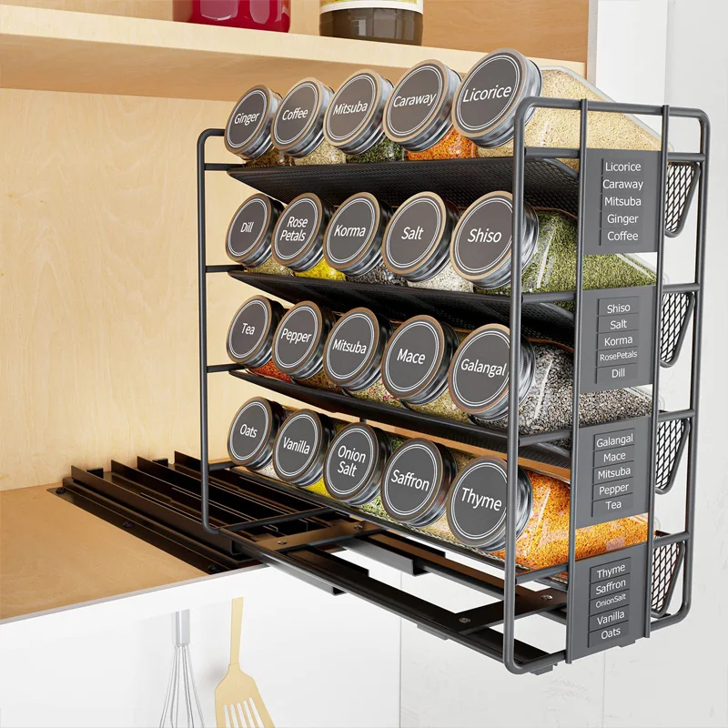 Slide Spice Rack Organizer 2/4-Tier Pull Out Seasoning Rack Kitchen Dining Room Metal Spice Drawer Box Spice Shelf Storage Rack