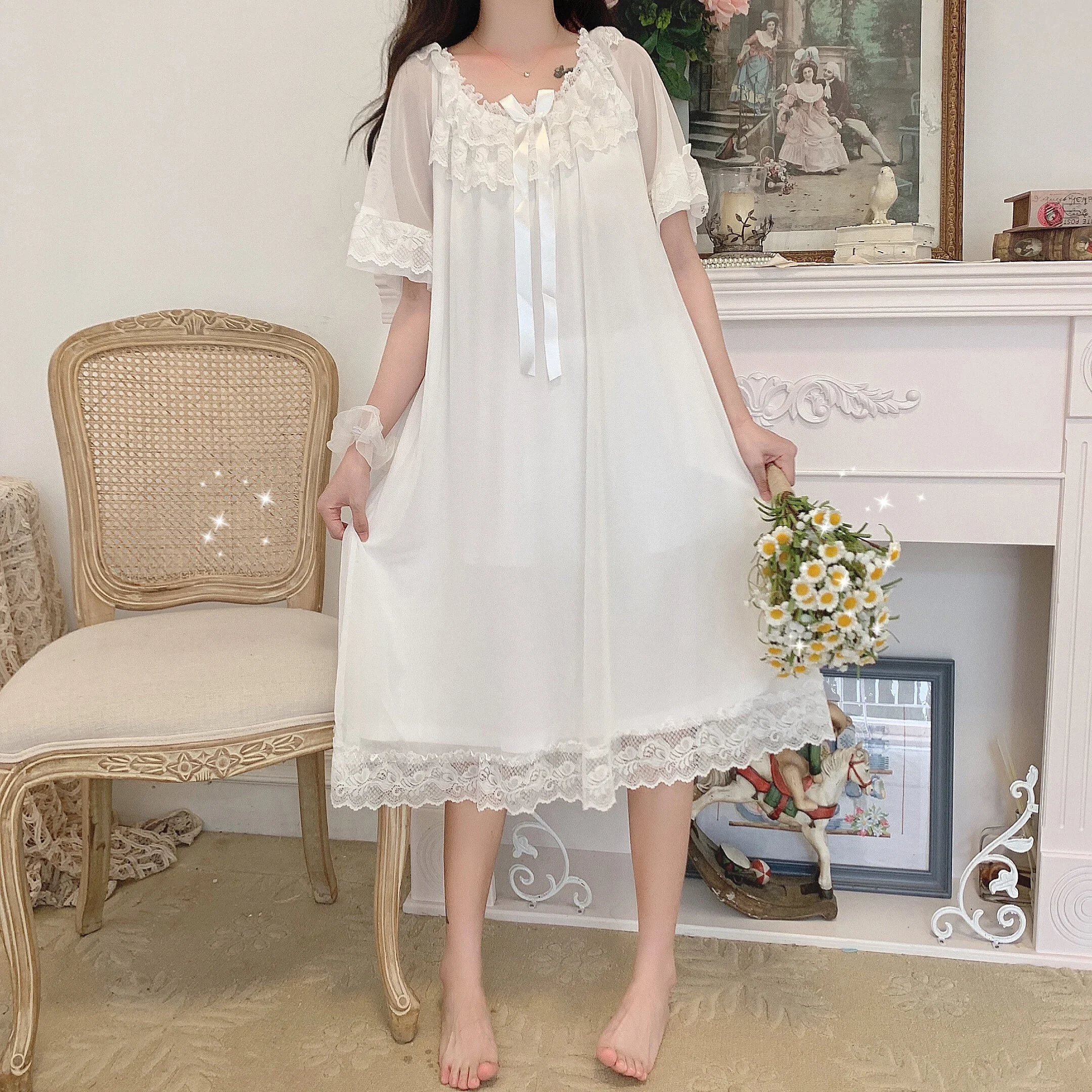 Woman Robe Nightgown  Long Sleepwear Vintage Elegant Homewear Ladies Long Dress Full Length Nighties