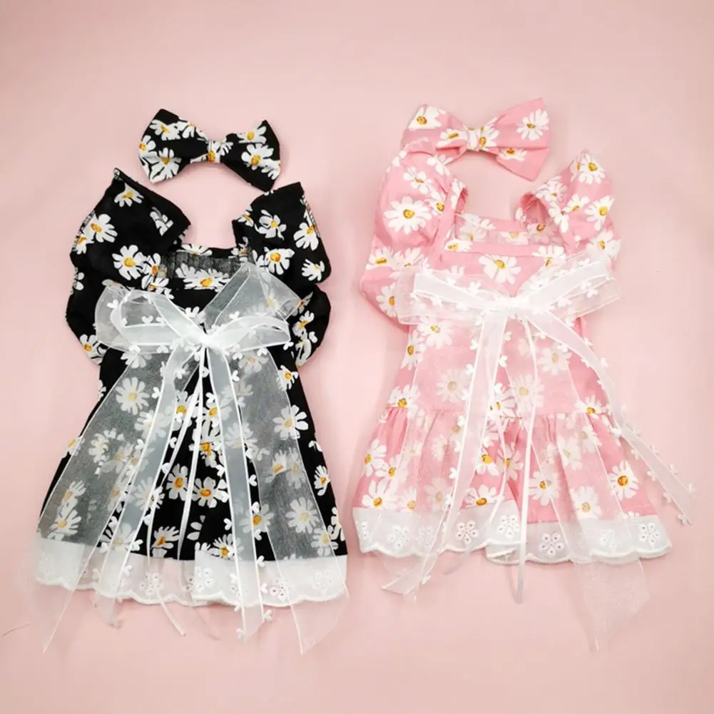 Dog dress for Female Pet Cat Puppy Summer Cute Bow Hairpin Floral Print Outfit Bow-knot Lace Floral Princess Skirt платье