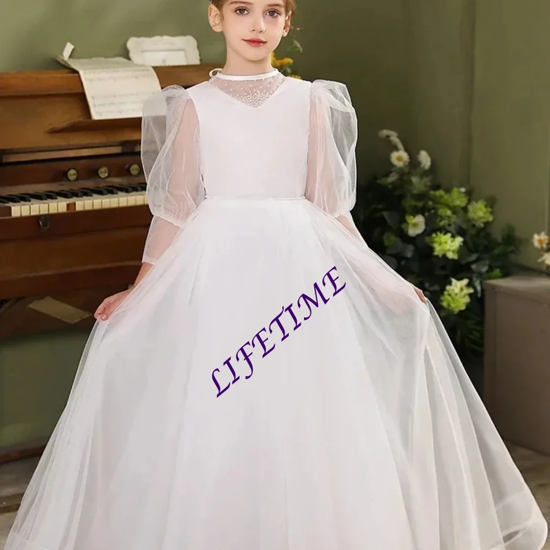 Customized Long White Tulle Dress for Girls Three Quarter Sleeve Birthday Gown Princess Costume Children's Piano Performance Out