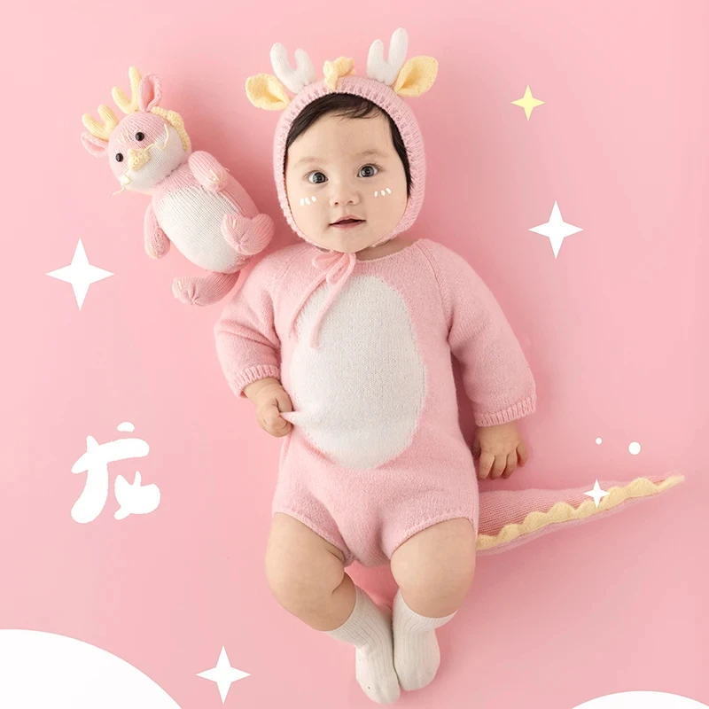 3-5 Months Baby Photography Clothing Hand Knitted Jumpsuit Hat + Socks 3pcs/Set Cute Dragon Horn Outfit Sunflower Pillow Props