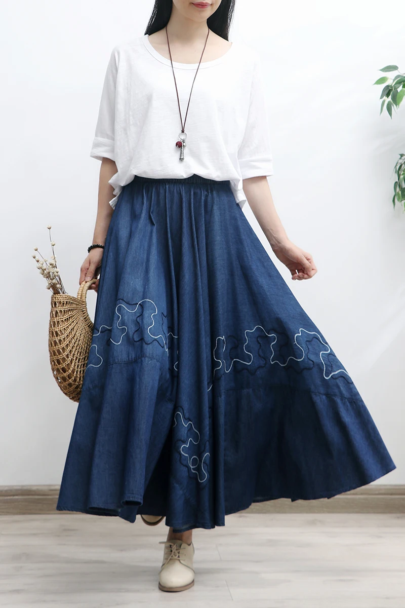 TIYIHAILEY Free Shipping 2023 Long Maxi A-line Skirt Women Elastic Waist Spring Autumn Denim Jeans Vintage Embroidery