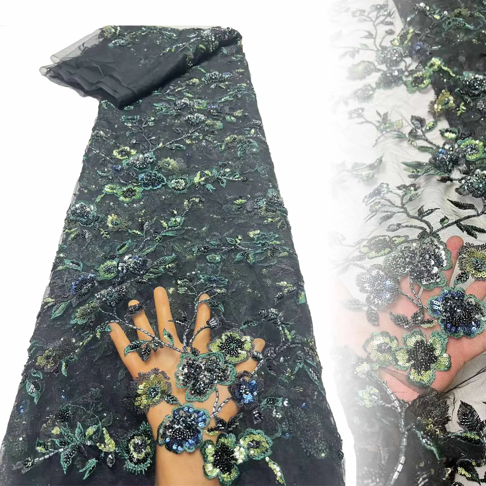 

Newest African Beaded Sequin Embroidery Floral Lace Fabric 2025 French Nigerian Tulle Mesh Lace Wedding Party Dress Material For