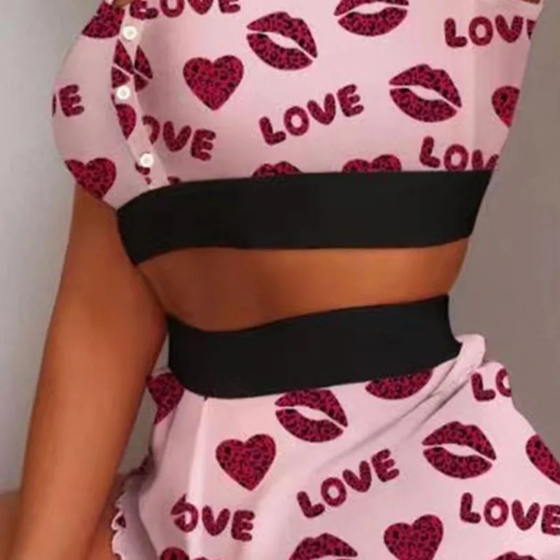 Fashion Milk Silk Printed Camisole Pajamas Cool Thin Tight Sweet Pajamas Plus Size Letter Red Lips Camisole Shorts Set 3xl