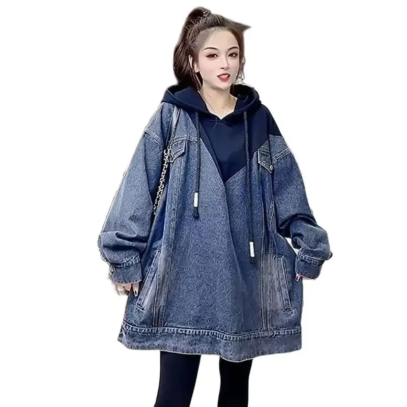 

Spring Autumn Mid-Long Hooded Denim Hoodie Women 2024 New Fashion Loose Vintage Leisure Pocket Blue Tops Outerwear Female