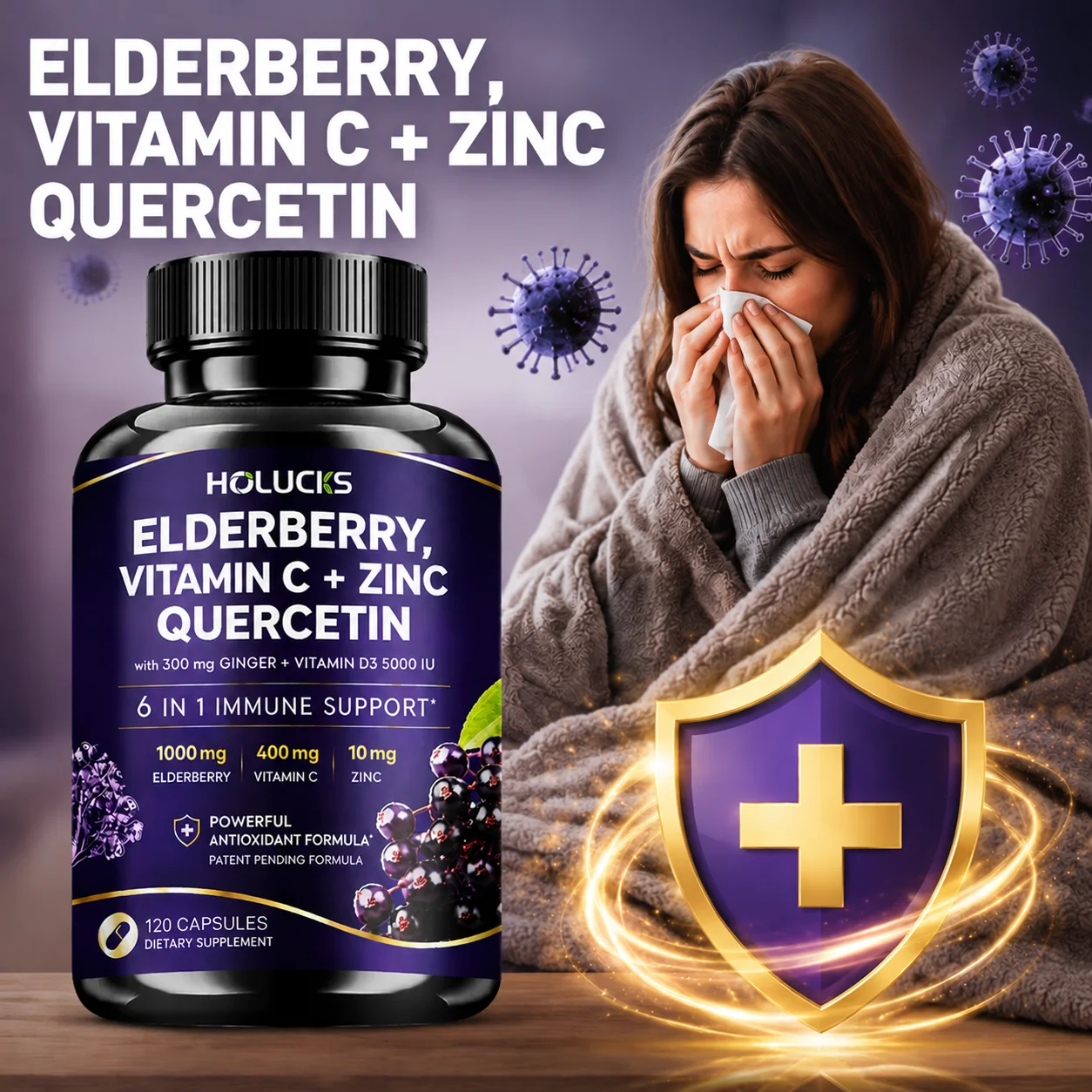 Elderberry Capsules with Vitamin D3 C Zinc Quercetin Ginger, Support Oxidative Stress, Skin Cells, Energy, Vitality, Immunity