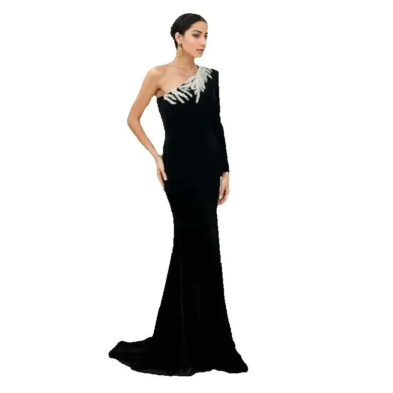 

Customized Elegant Prom Gowns for Women One-Shoulder Full Sleeves Applique Draped Floor-Length High Quality Evening Party Dress