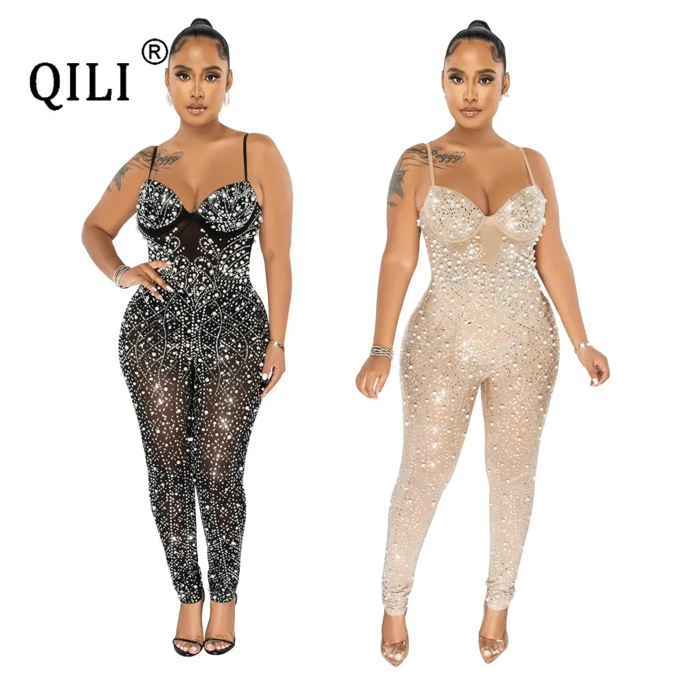 

QILI- Black Diamonds Jumpsuits, Sleeveless, See Through Mesh, Skinny Long Pants, Sexy Club Clothing