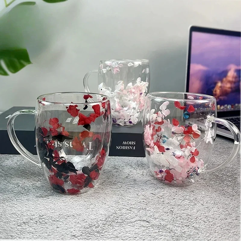 

350ml Double Wall Coffee Mug With Handles Clear Milk Cups Gifts Glass Cup Fill Artificial Simulation Flowers Teacup 2025 Hot