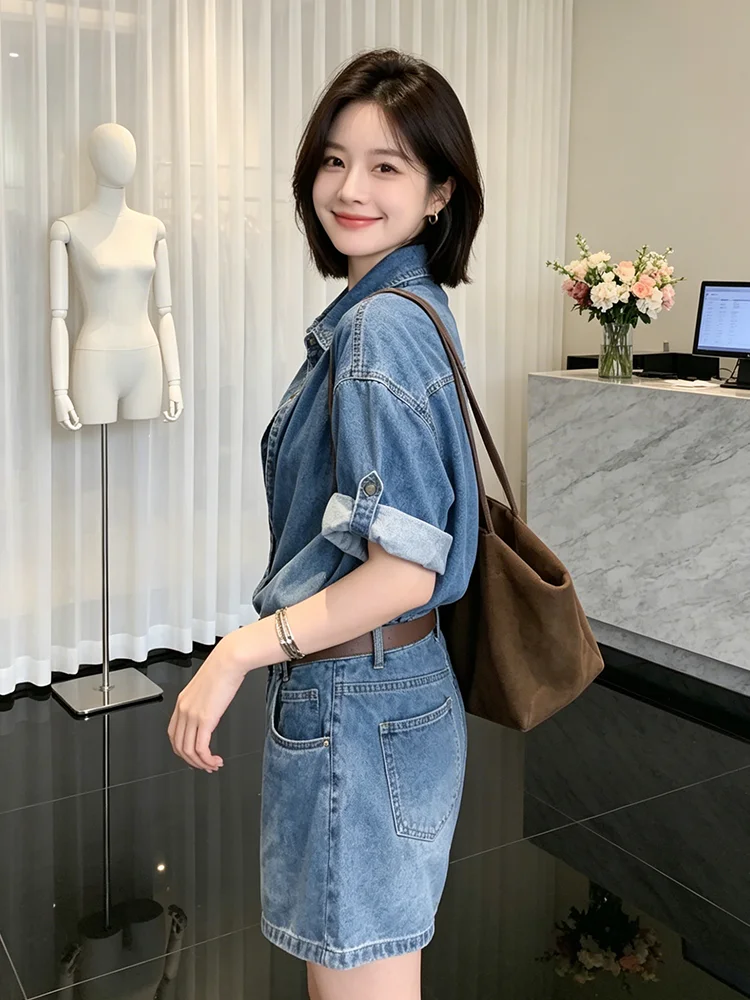 Fashionable Casual Denim Jumpsuit Set Women's Summer 2026 High Waist Breathable Polyester Fiber Short Sleeve Button up Shirt