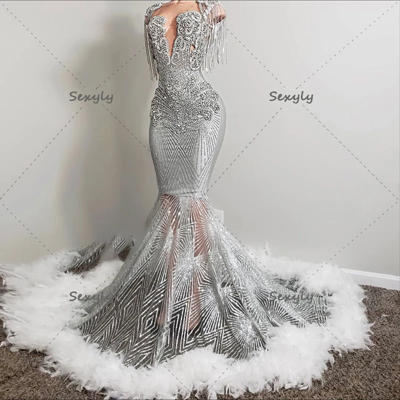 Glitter Silver Feather Prom ชุด2023สำหรับสีดำ Sparkle Mermaid ชุดราตรีเลื่อม Aso Ebi หรูหราเต้นรำอย่างเป็นทางการชุด