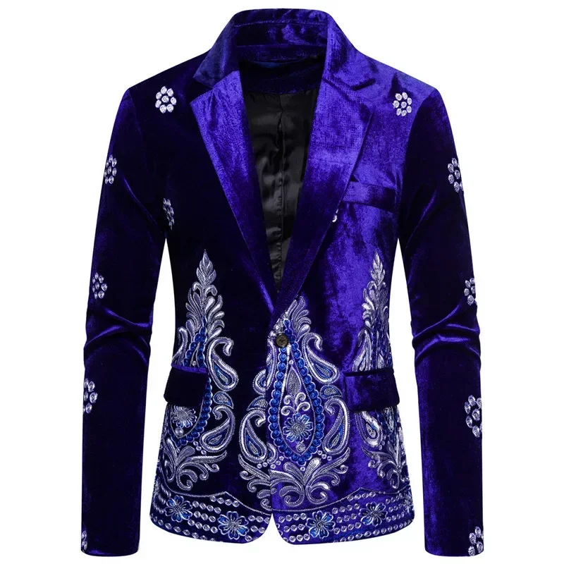 New Men\'s Luxury Blazer Costume Stage Jacket Suit Male Velvet One button Gold Thread Embroidered Dress Suits for Men