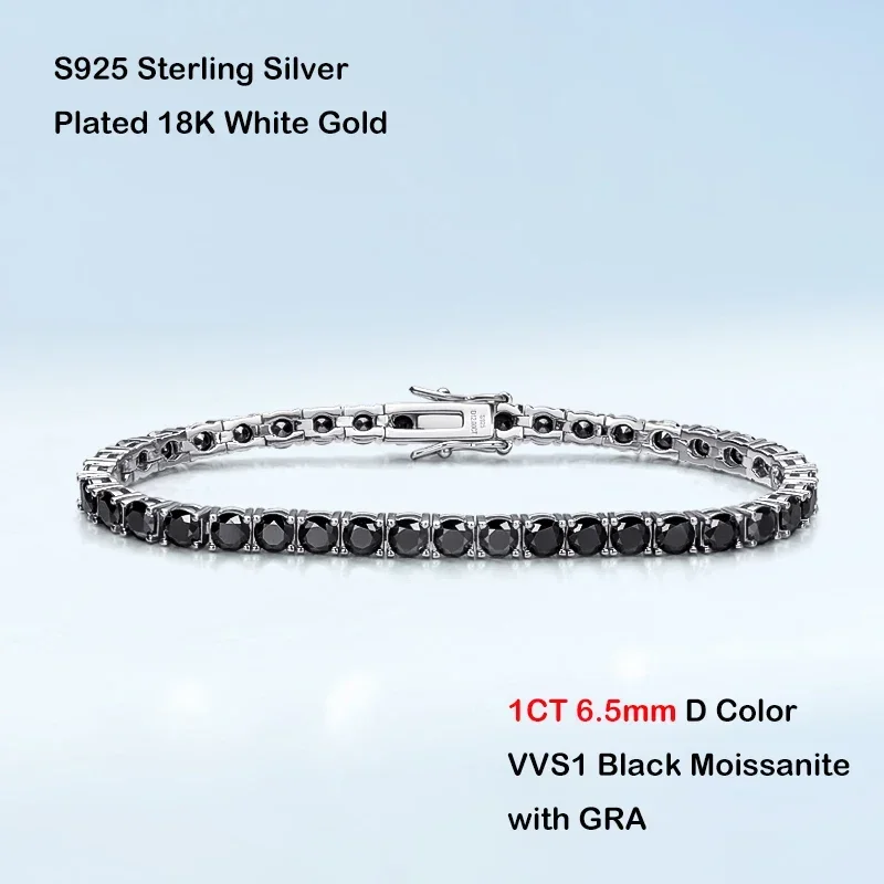EWYA GRA-zertifiziertes echtes 3/4/5/6,5 mm vollschwarzes Moissanit-Tennisarmband für Damen und Herren, S925-Silber-Gliederarmbänder, edler Schmuck