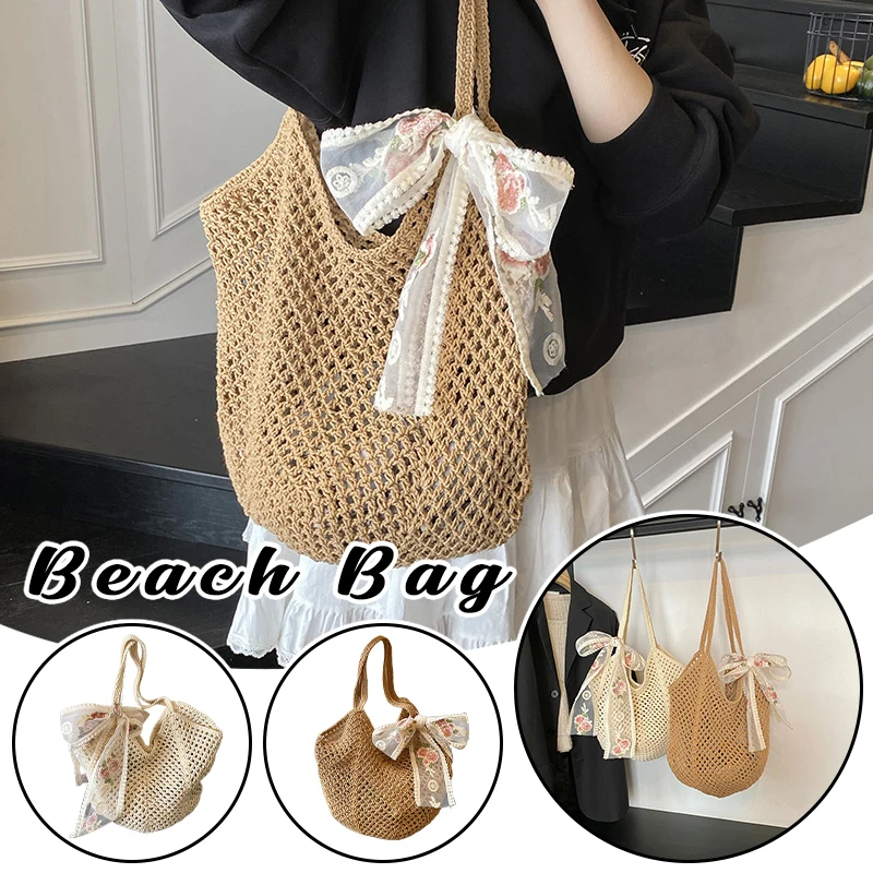 Tas Pantai Musim Panas Wanita Dompet Bahu Pita Renda Jaring Tenun Dompet Warna Polos Kapasitas Besar untuk Belanja Perjalanan Liburan