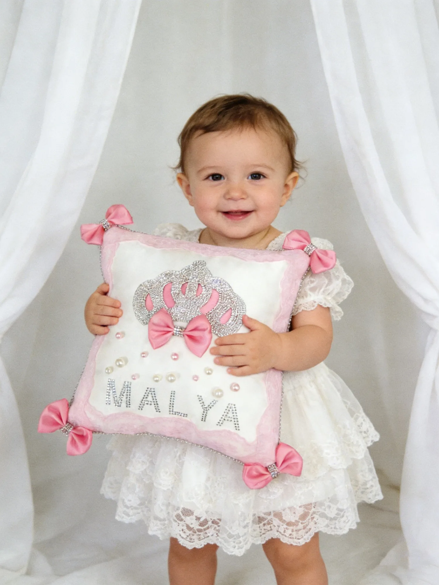 

Princess Baby Girl Pink Crown Pillow - Rhinestone & Bows - Perfect for Baptism & Gifting
