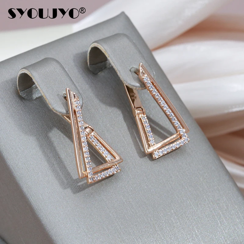 SYOUJYO Triangle Geometry 585 Rose Gold Color Earrings For Women Trendy Natural Zircon Fine Jewelry One Touch English Earrings