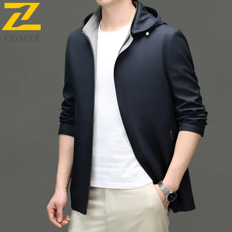 

Mens Business Jacket Classic Hooded Windproof Coat Premium Detachable Hood 2025 Spring Autumn Stylish Comfort Wear Outerwear