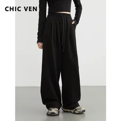 CHIC VEN Women Pants New Elastic Waist Drawstring Sports Loose Female Trousers Plush Full Long Thick Pant Autumn Winter 2024