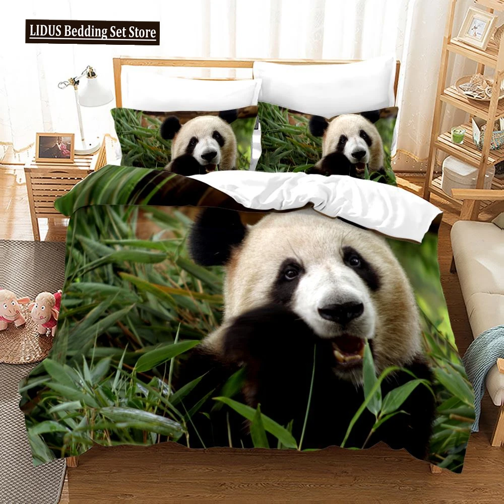 

3D Panda Duvet Cover Set King Size Cute Panda Bamboo Bedding Set Black White Bear Polyester Quilt Cover For Boy Kid For Bedroom