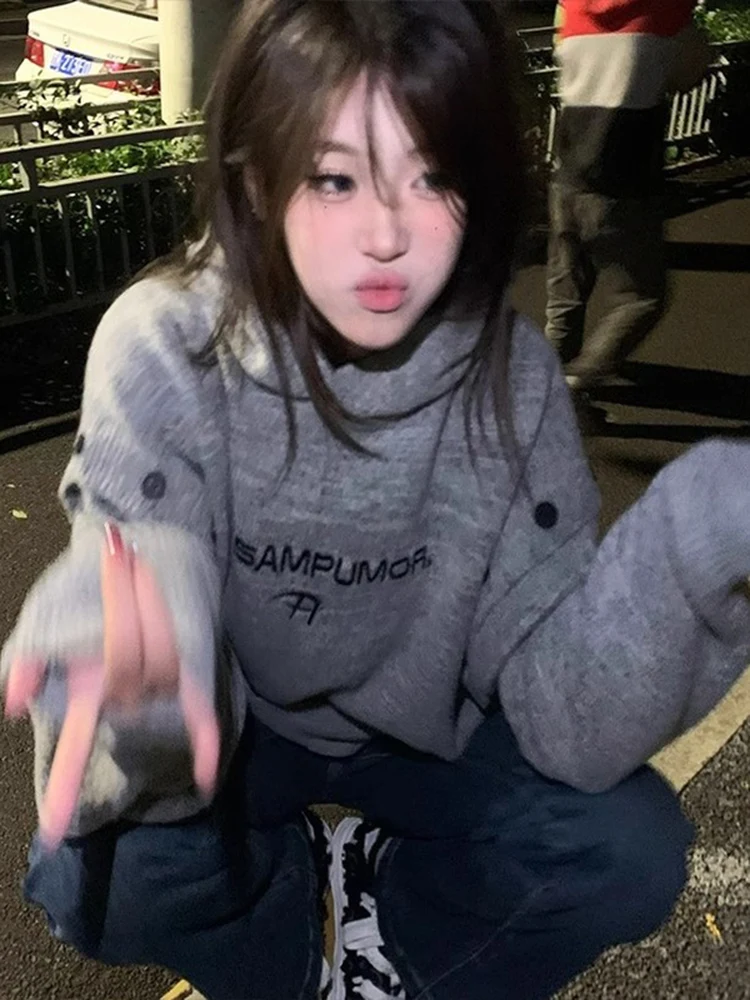 Retro Amerykańska Bluza z Haftem Dzianinowa Jesienno-Zimowa Casualowa Luźna Uniwersalna Bluza dla Par z Włókna Poliestrowego Długi...