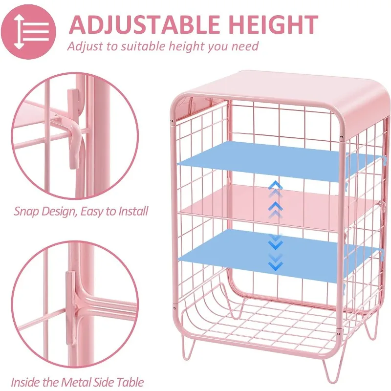 Mesita de noche de Metal rosa con almacenamiento, mesita de noche Vintage, muebles de dormitorio para niñas, Accent, 3 niveles