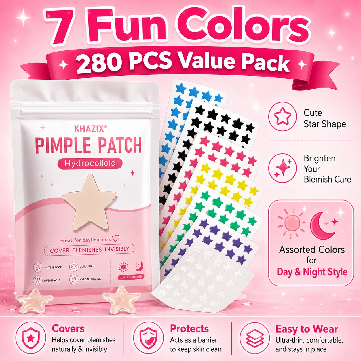 Star-shaped acne patches in various sizes, gentle and non-irritating, effectively conceal pores—perfect as a gift, 280/40 pcs image 5