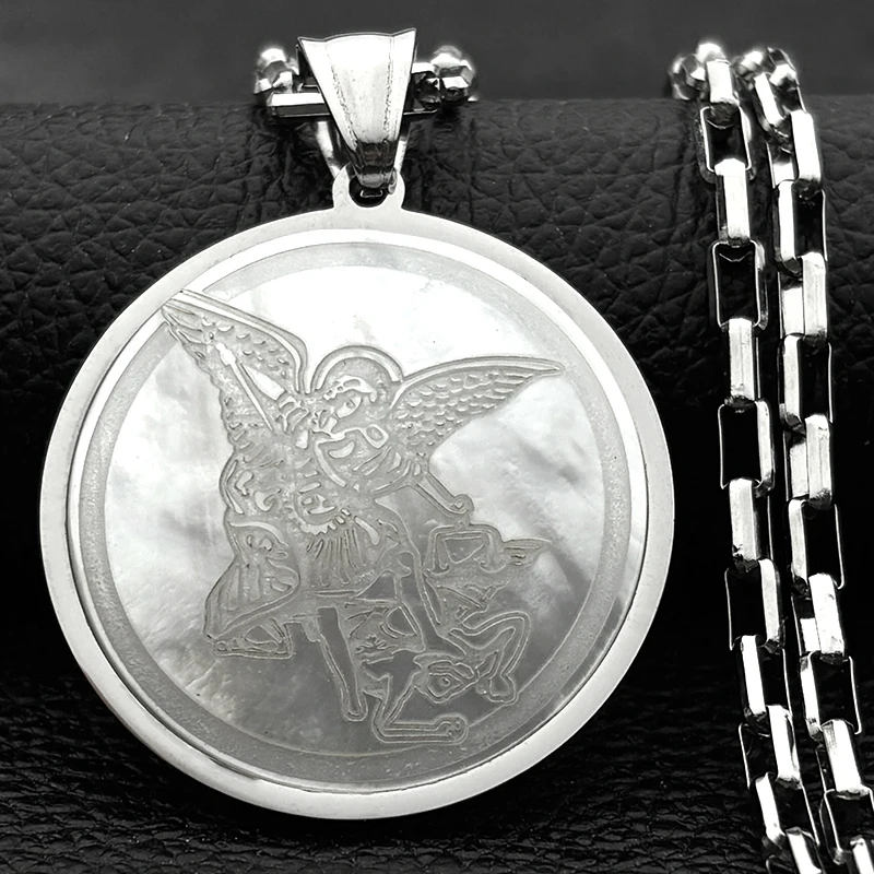 

SAINT MICHAEL PROTECT US Archangel Stainless Steel Pendant Necklace for Women Men Gold Color Natural Shell Necklace Jewelry