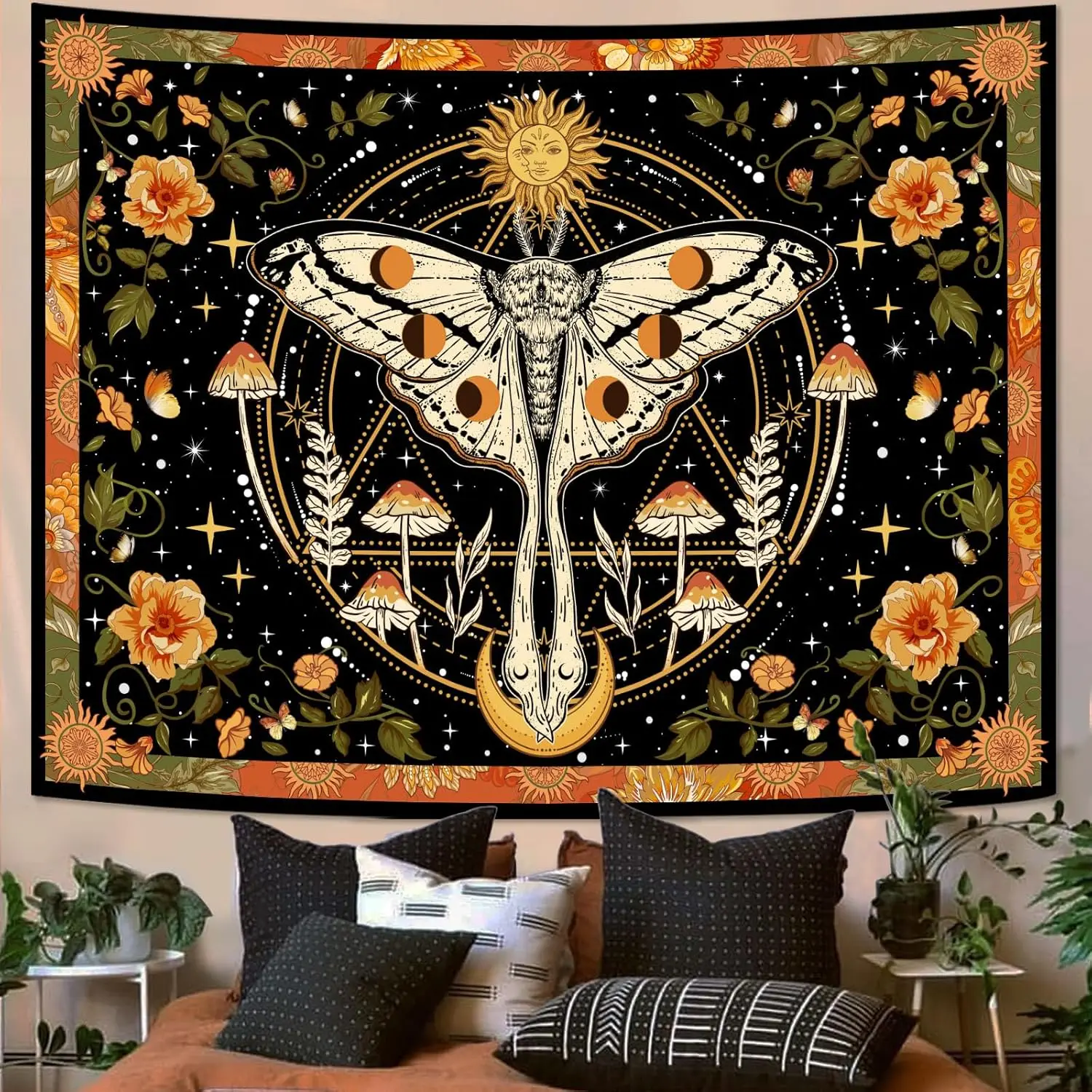 Orange Moth Wandteppich Boho Retro Blumenmuster Ästhetische Vintage Pilz-Wandteppiche Schlafzimmer Indie Sonne Mond Wandteppich