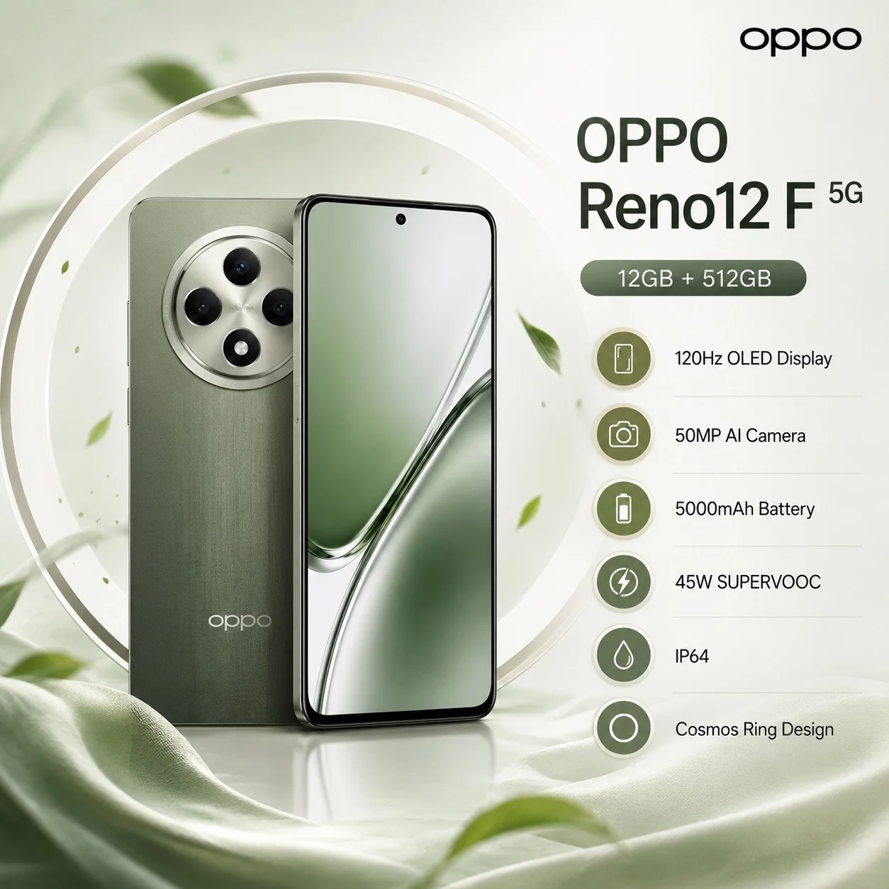 2026 new OPPO Reno12 F 5G 12GB RAM 512GB ROM, 6.67'' 120Hz OLED, 50MP AI Triple Camera, 5000mAh Battery, 45W Fast Charge, NFC
