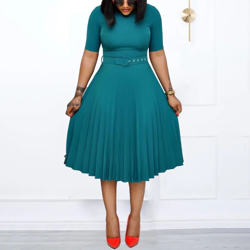 

Dress with Belt Round Neck Mid Length Pleated Skirt African
