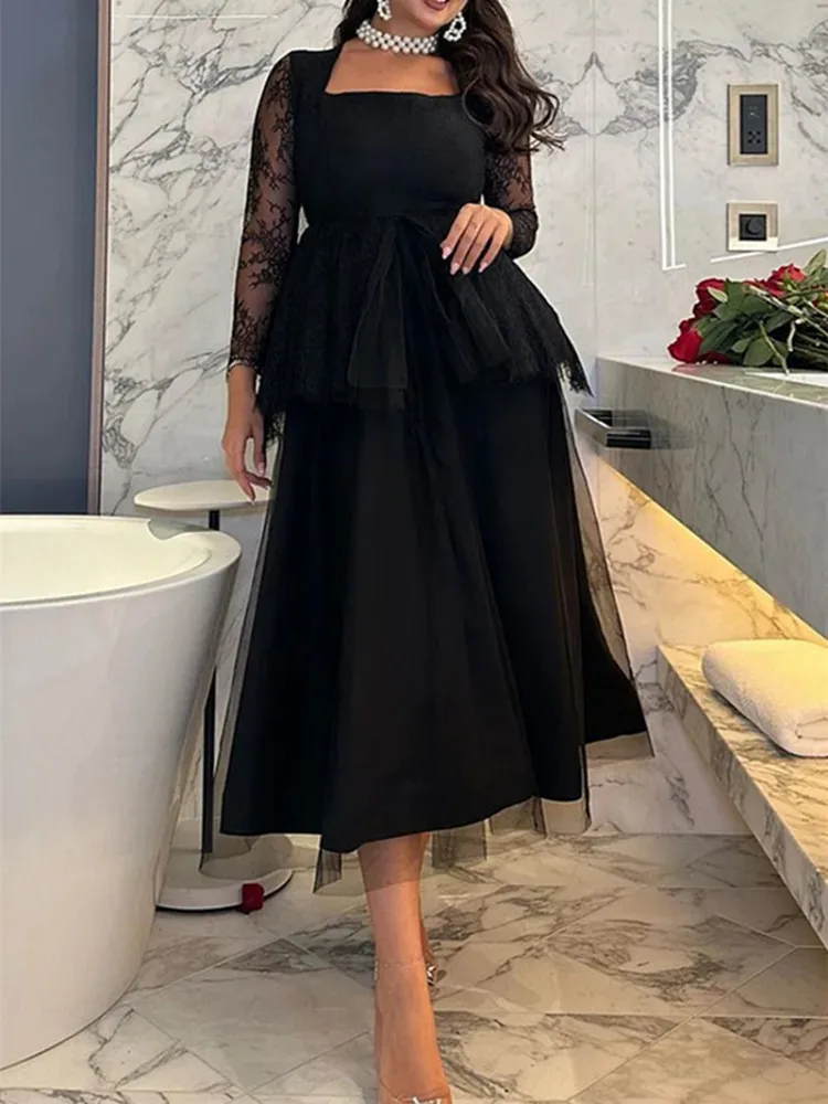 

BKLD Solid Color Black Dress 2024 Spring Summer Clothes For Women Sexy Lace Mesh Patchwork A-Line Evening Party Dresses