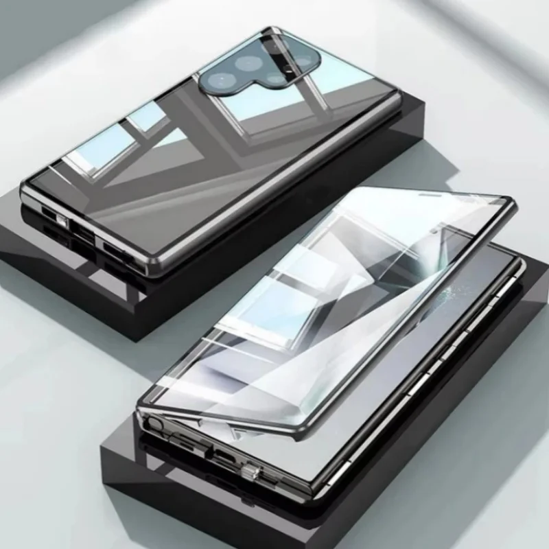 Doppelseitige Glas-Magnet-Hülle für Samsung Galaxy S26 S25 S24 FE S23 S22 S21 Ultra Plus mit Kameraschutz und vollständiger Abdeckung mit Schnappverschluss.